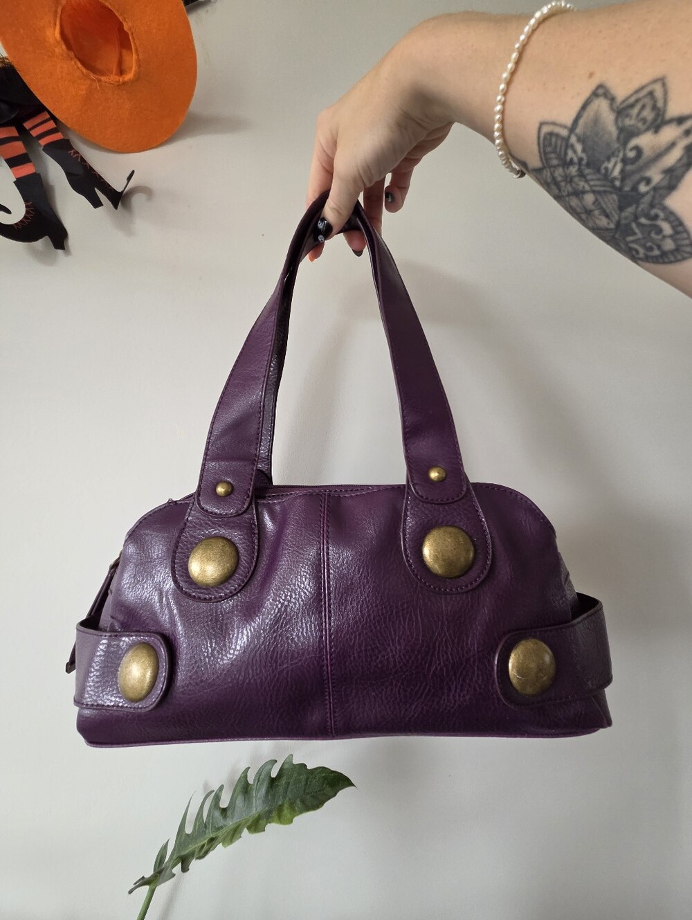 Y2K Faux Leather Aldo Baguette Shoulder Bag with Brass Stud Accents